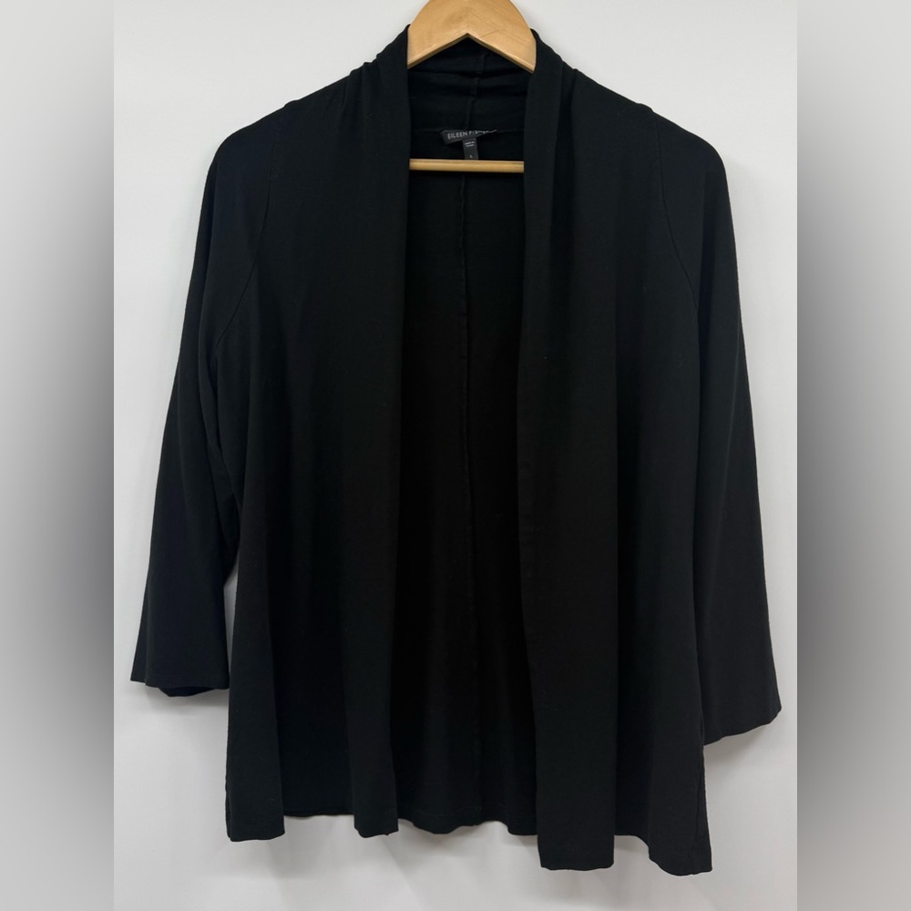 Eileen Fisher Black Open Cardigan 3/4 Sleeve Drape Front LG Minimalist Lagenlook